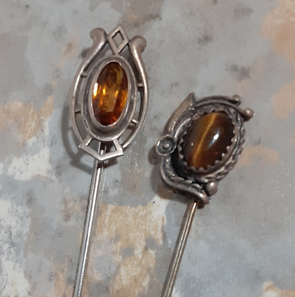 2 STERLING SILVER Vintage STICK PINS Citrine Quartz & Tigers Eye
